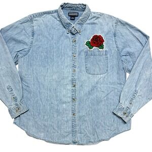 Vintage Lands End Denim Button Down Shirt XL Rose Patch Western Boho Grunge 90s
